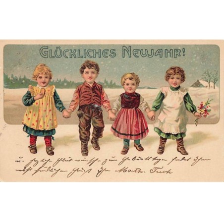 n°23769 - Glückliches Neujahr - Trois fillettes et un garçon se tenant pas la main