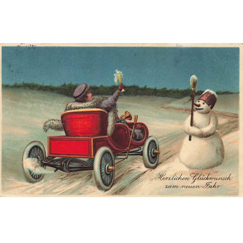 n°23774 - Carte Gaufrée - Femme conduisant, levant une flûte près d'un bonhomme de neige