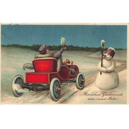n°23774 - Carte Gaufrée - Femme conduisant, levant une flûte près d'un bonhomme de neige