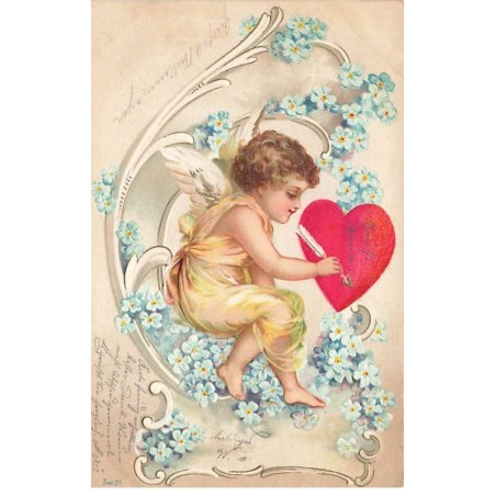 n°23789 - Carte Gaufrée - Clapsaddle - Saint-Valentin - Cupidon écrivant avec une flèche sur un coeur
