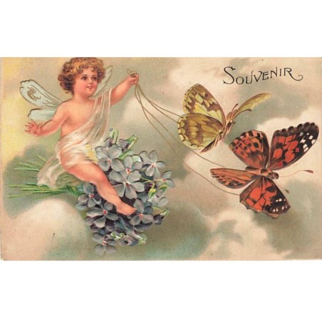 n°23797 - Carte Gaufrée - Clapsaddle - Souvenir - Ange sur un bouquet de violettes, tiré par des papillons
