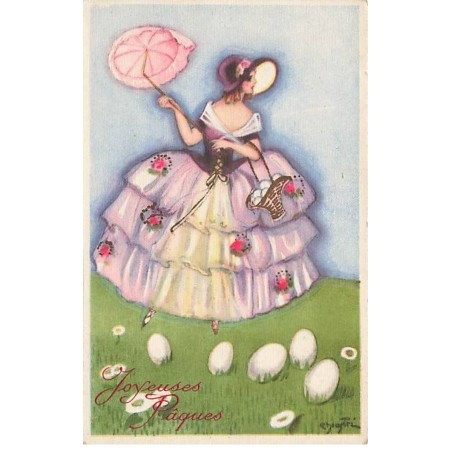 n°23805 - Chiostri - Joyeuses Pâques - Jeune femme au milieu d'oeufs tenant une ombrelle