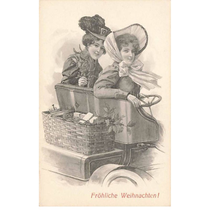 n°23809 - Noël - Fröhliche Weihnachten - Deux jeunes femmes au volant d'une voiture - F.M. Cologne n°1000