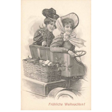 n°23809 - Noël - Fröhliche Weihnachten - Deux jeunes femmes au volant d'une voiture - F.M. Cologne n°1000
