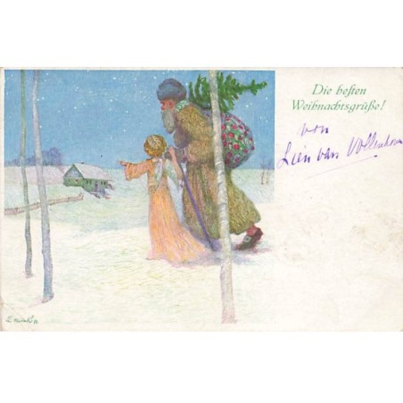 n°23813 - Noël - MM Wien n°795 - Die besten Weihnachtsgrüsse - Ange marchant près du Père Noël dans la neige