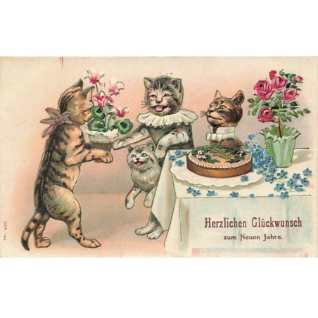 n°23816 - Carte Gaufrée - Nouvel An - Chats, un apportant un pot de fleur