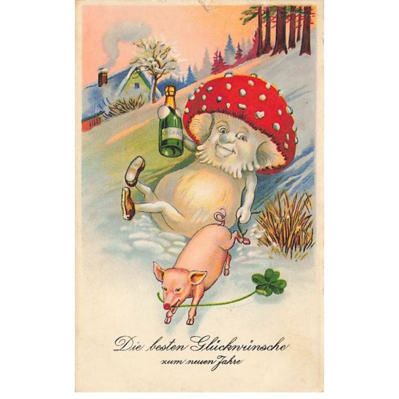 n°23817 - Nouvel An - Champignon humanisé tiré par un cochon