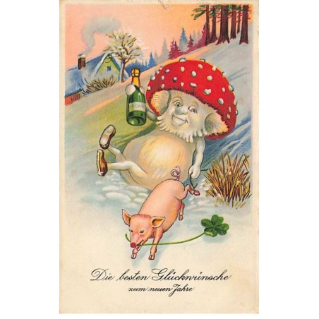 n°23817 - Nouvel An - Champignon humanisé tiré par un cochon