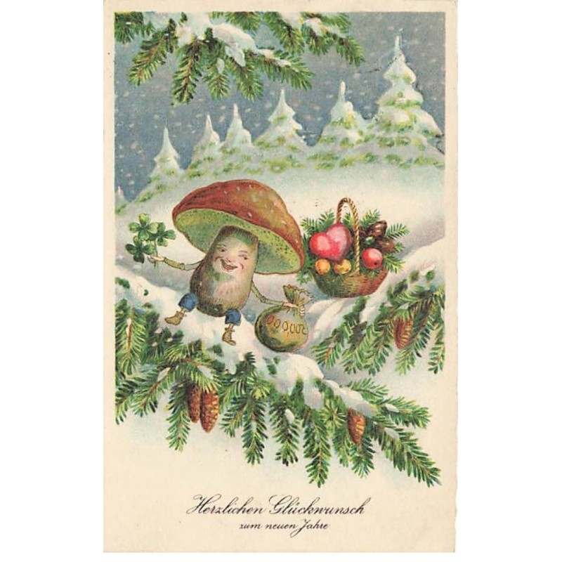 n°23818 - Nouvel An - Champignon humanisé assis sur une branche de sapin - Surréalisme