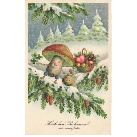 n°23818 - Nouvel An - Champignon humanisé assis sur une branche de sapin - Surréalisme