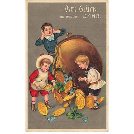 n°23820 - Carte Gaufrée - Nouvel An - Viel Glück zum neuen Jahre - Enfants récupérant des pièces d'or