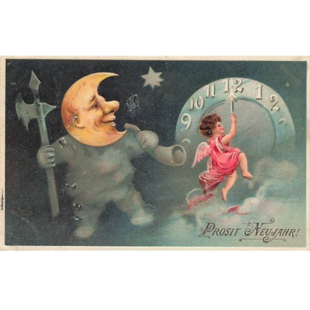 n°23825 - Carte Gaufrée - Prosit Neujahr - Ange règlant l'heure sous le regard d'une lune humanisée