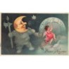 n°23825 - Carte Gaufrée - Prosit Neujahr - Ange règlant l'heure sous le regard d'une lune humanisée