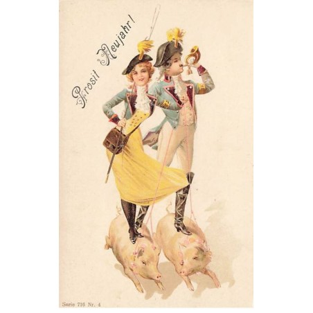 n°23826 - Nouvel An - Prosit Neujahr - Couple debout sur des cochons