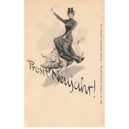 n°23827 - Nouvel An - Stroefer's Serie XVa n°1004 - Prosit Neujahr - Femme fumant en amazone sur le dos d'un cochon