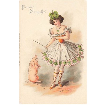 n°23828 - Nouvel An - Prosit Neujahr - Jeune femme dressant un cochon