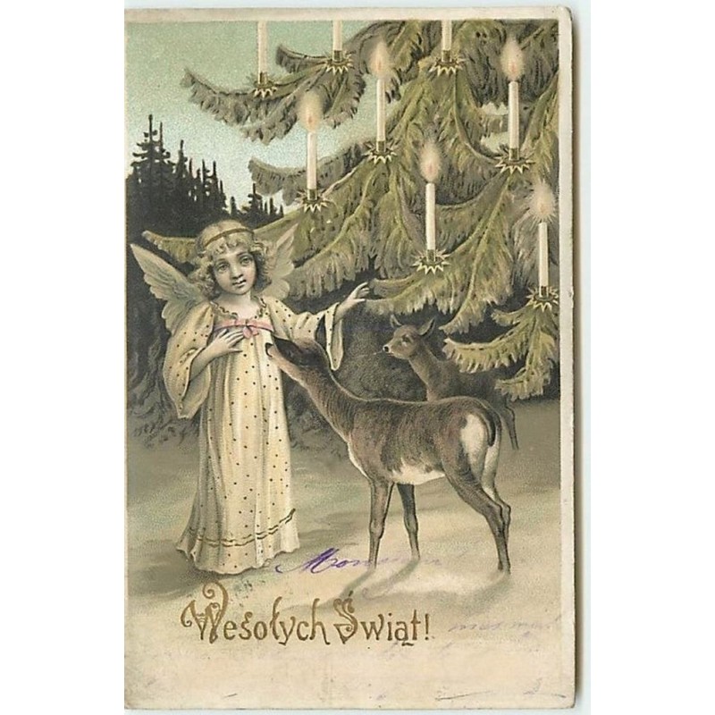 n°2383 - Carte Gaufrée - Wesofych Swiat - Ange et biche