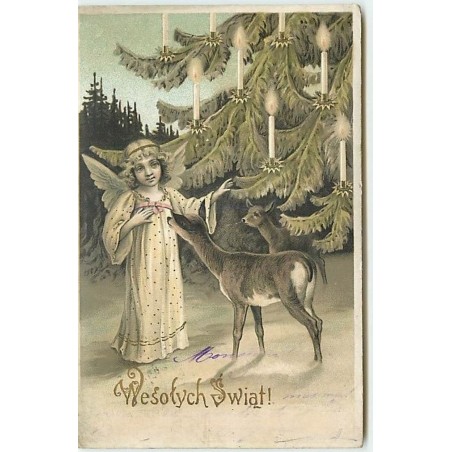 n°2383 - Carte Gaufrée - Wesofych Swiat - Ange et biche