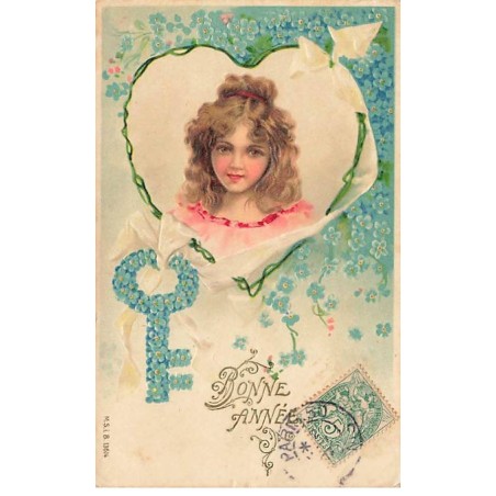 n°23830 - Carte Gaufrée - MSIB 13614 - Bonne Année - Fillette au milieu d'un coeur, près d'une clé en myosotis