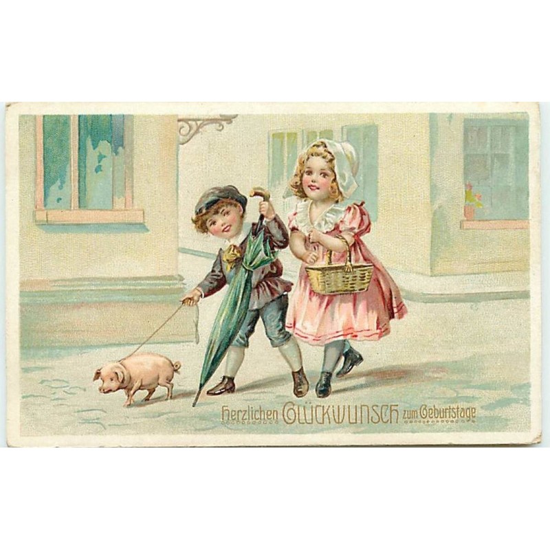 n°11681 - Carte Fantaisie Gaufrée - Enfants et cochon