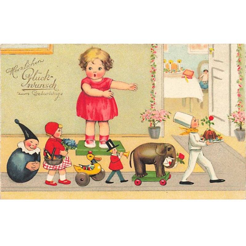 n°23832 - Style Baumgarten - Fillette dirigeant un défilé de ses jouets - Poupées - Elephant