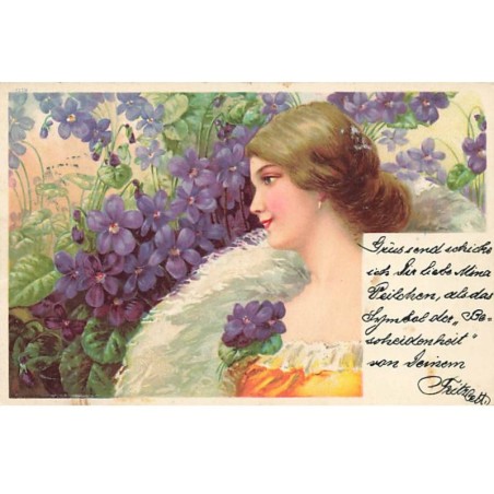 n°23844 - Fantaisie - Jeune femme au milieu de violettes