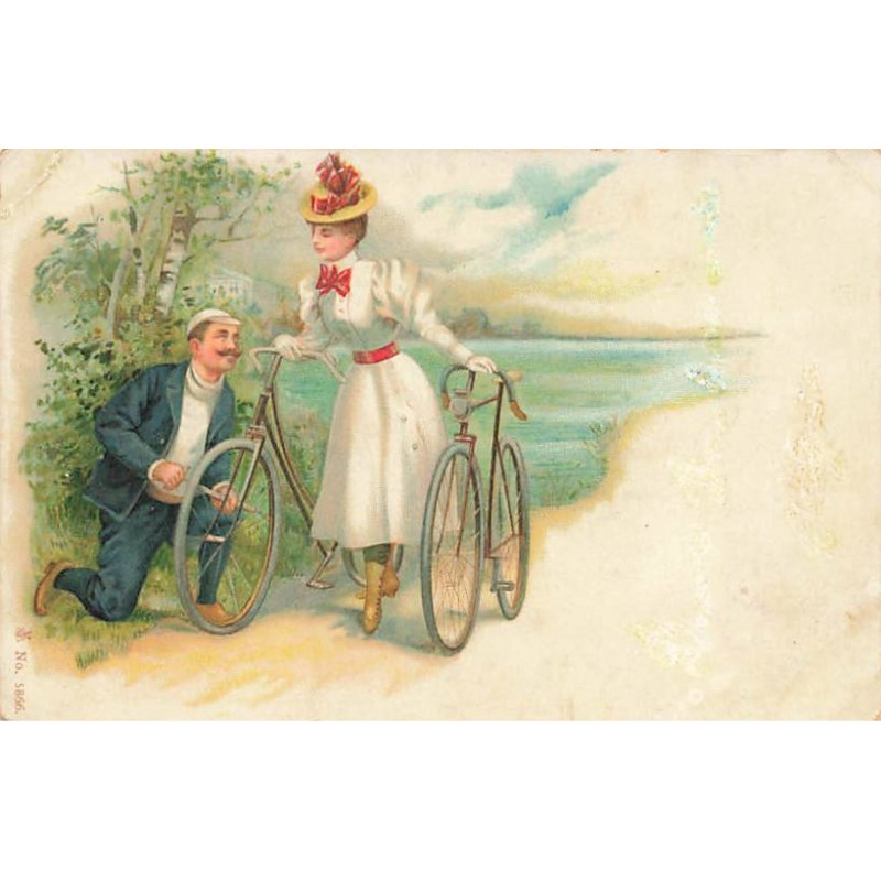 n°23847 - Fantaisie - Couple, l'homme regonflant un pneu de vélo