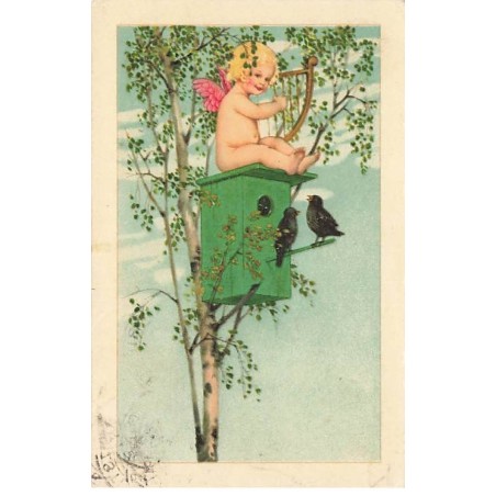 n°23850 - Flatscher - MM Vienne n°999 - Ange jouant de la lyre assis sur un nichoir, devant des oiseaux