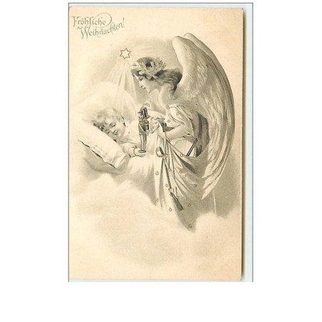n°10096 - Carte Fantaisie - Fröhliche Weihnachten - Ange Gardien et enfant endormi