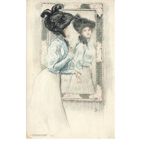 n°23856 - Fantaisie - Crayon - Jeune femme ajustant son chapeau devant un miroir