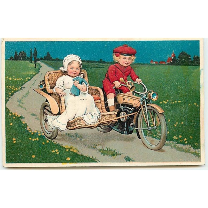 n°11683 - Carte Fantaisie Gaufrée - Flatscher - Enfants sur un side car - moto