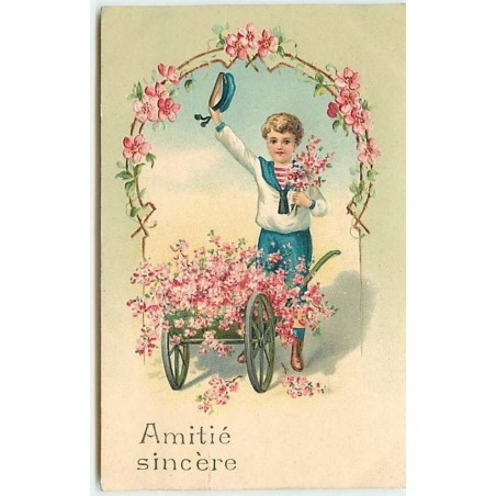 n°11684 - Carte Fantaisie Gaufrée - Amitié sincère - Garçon avec des fleurs