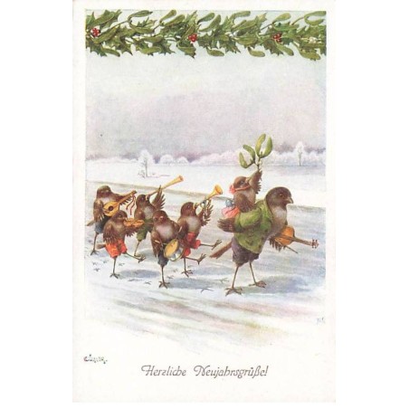 n°23873 - Nouvel An - Öhler - Herzliche Neujarsgruss - Fanfare d'Oiseaux habillés défilant