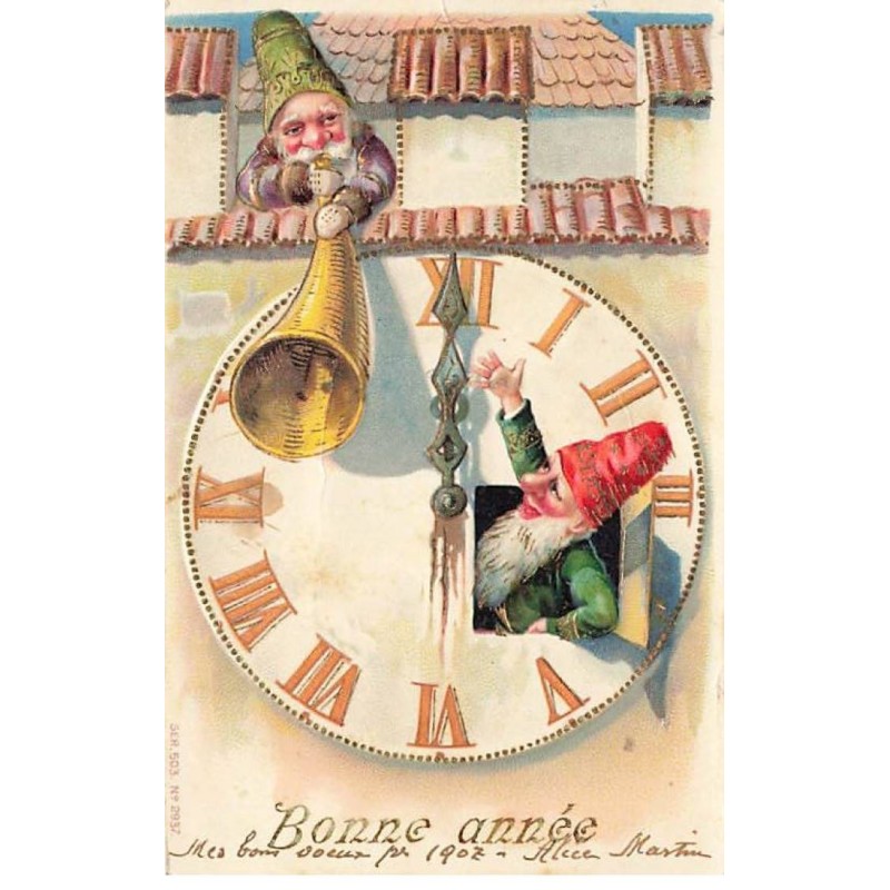 n°23874 - Carte Gaufrée - Nouvel An - Bonne Année - Lutins réglant une horloge