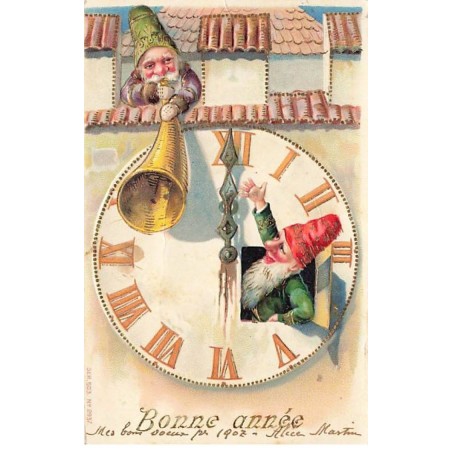 n°23874 - Carte Gaufrée - Nouvel An - Bonne Année - Lutins réglant une horloge