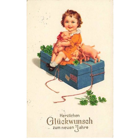 n°23877 - Nouvel An - Flatscher - Fillette assise sur une valise avec des cochons