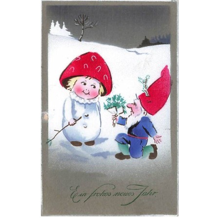 n°23878 - Nouvel An - Ein frohes neues Jahr - Lutin offrant des fleurs à un champignon humanisé