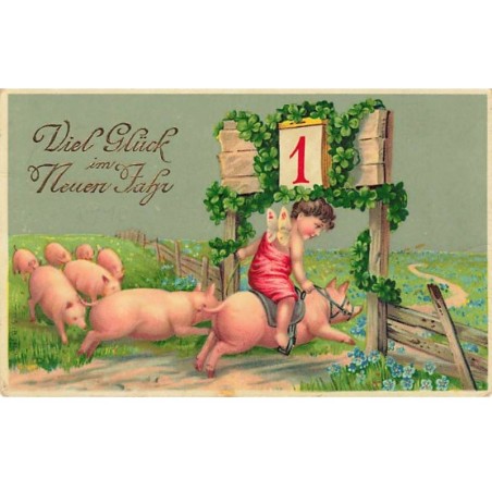 n°23879 - Nouvel An - Viel Glück im Neuen Jahr - Ange sur le dos d'un cochon