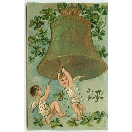n°2388 - Carte Gaufrée - A Happy New Year - Angelots et cloche