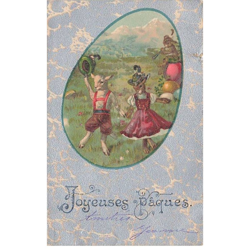 n°23880 - Joyeuses Pâques - Lièvres habillés en tenue de tyrolien, dansant