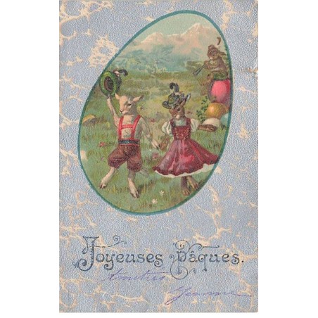 n°23880 - Joyeuses Pâques - Lièvres habillés en tenue de tyrolien, dansant
