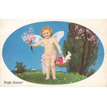 n°23884 - Flatscher - Frohe Ostern - Ange apportant un bouquet, et portant un panier rempli d'oeufs, et de deux lapins
