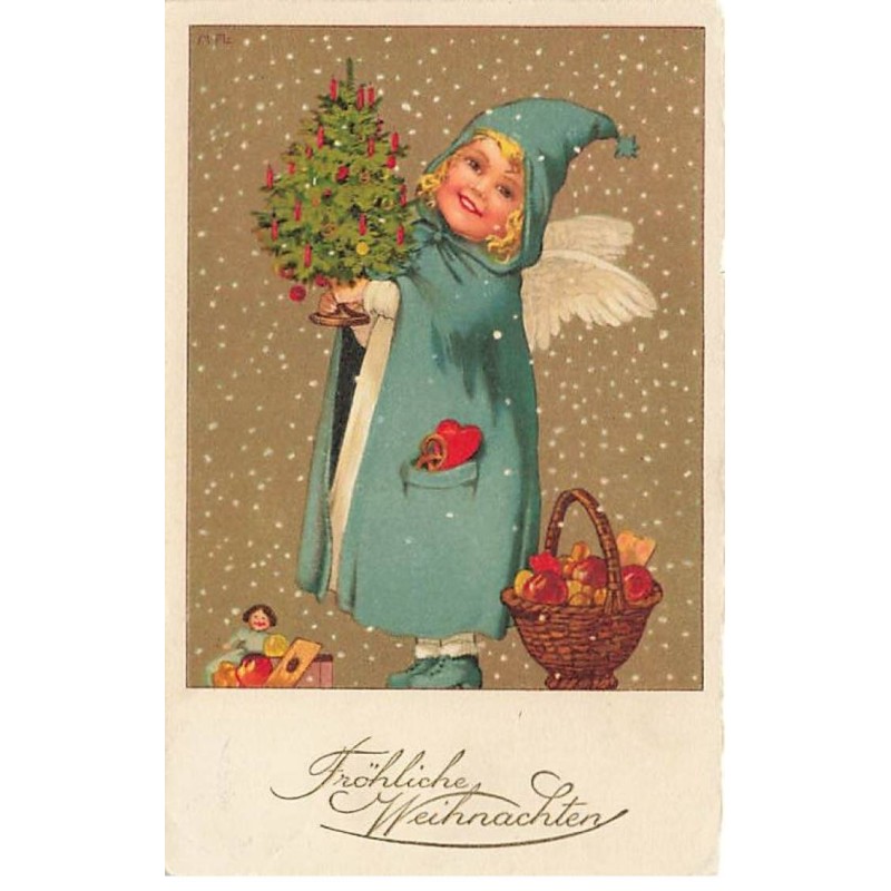 n°23885 - Noël - Flatscher - Fröhliche Weihnachten - Fillette avec des ailes d'ange apportant un sapin