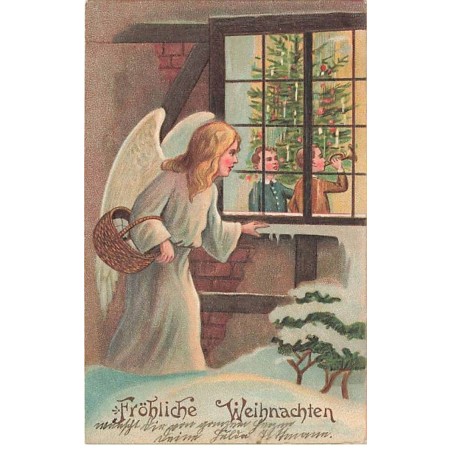 n°23892 - Carte Gaufrée - Noël - Fröhliche Weihnachten - Ange gardien regardant des garçons à travers une fenêtre