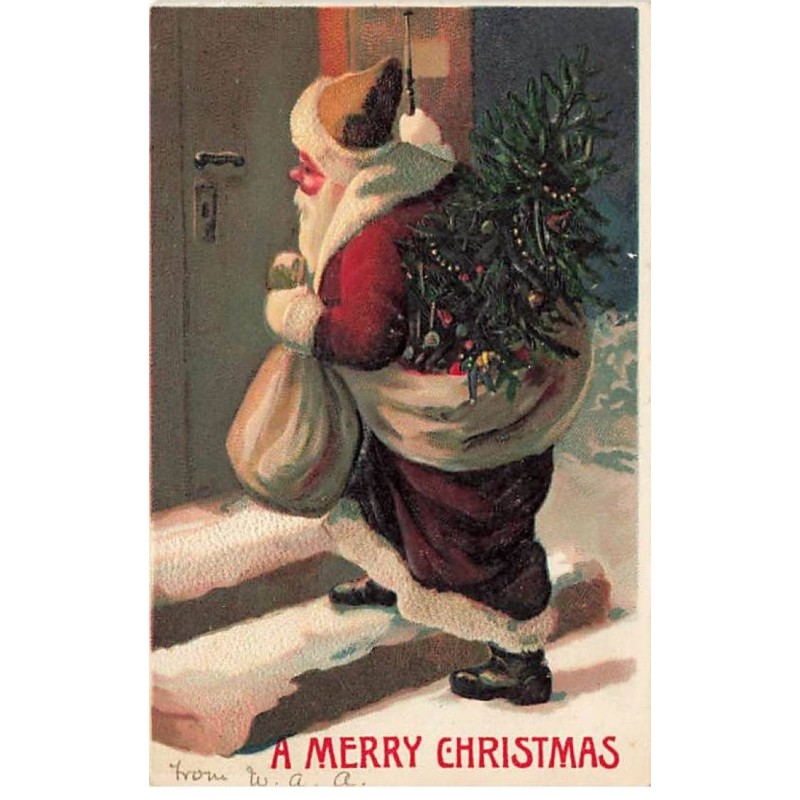 n°23897 - Carte Gaufrée - Noël - A Merry Christmas - Père Noël sur le perron d'une maison
