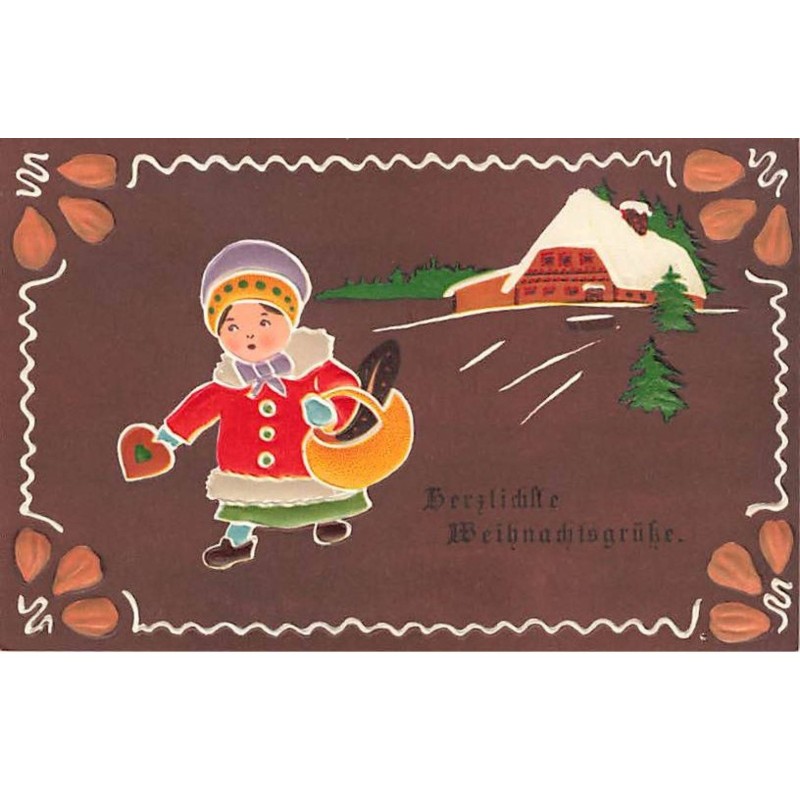 n°23898 - Carte Gaufrée - Noël - Pain d'épices - Fillette s'éloignant d'une maison
