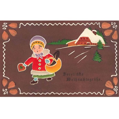 n°23898 - Carte Gaufrée - Noël - Pain d'épices - Fillette s'éloignant d'une maison