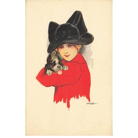 n°23910 - Illustrateur - Nanni - Jeune femme avec un chien dans les bras - Bouledogue