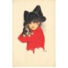 n°23910 - Illustrateur - Nanni - Jeune femme avec un chien dans les bras - Bouledogue