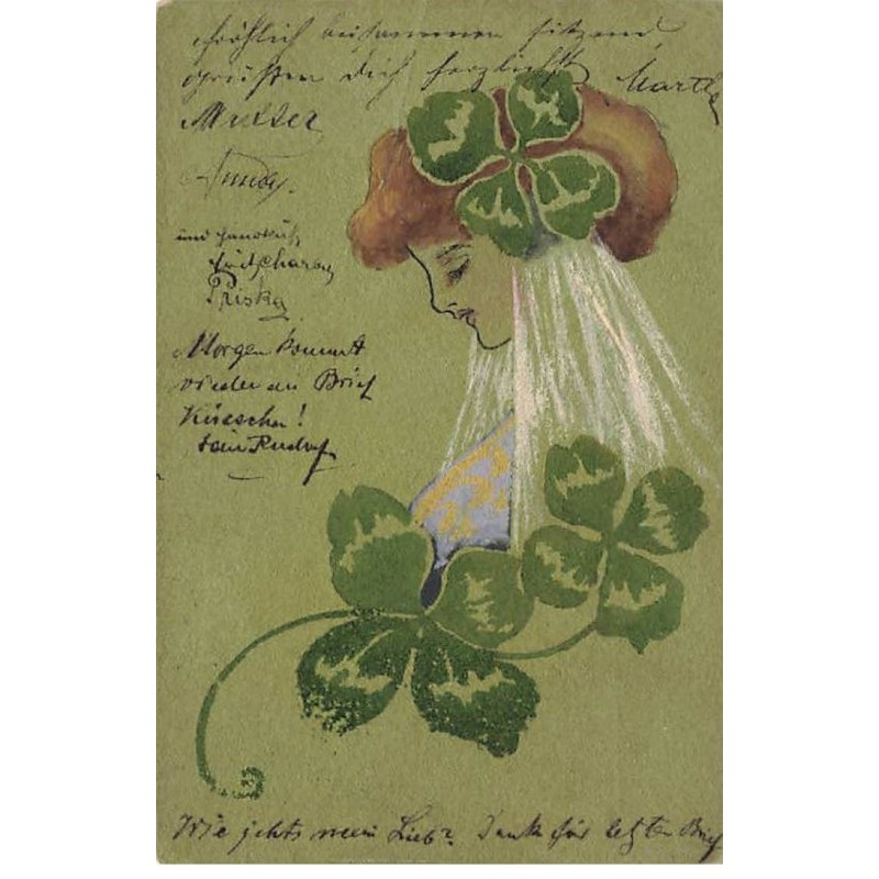 n°23913 - Illustrateur - Art Nouveau - Jeune femme entourée de Trèfle